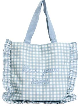 NWT The Prairie Blue White Canvas Ruffle Gingham Boat Tote Bag Bless Your Heart